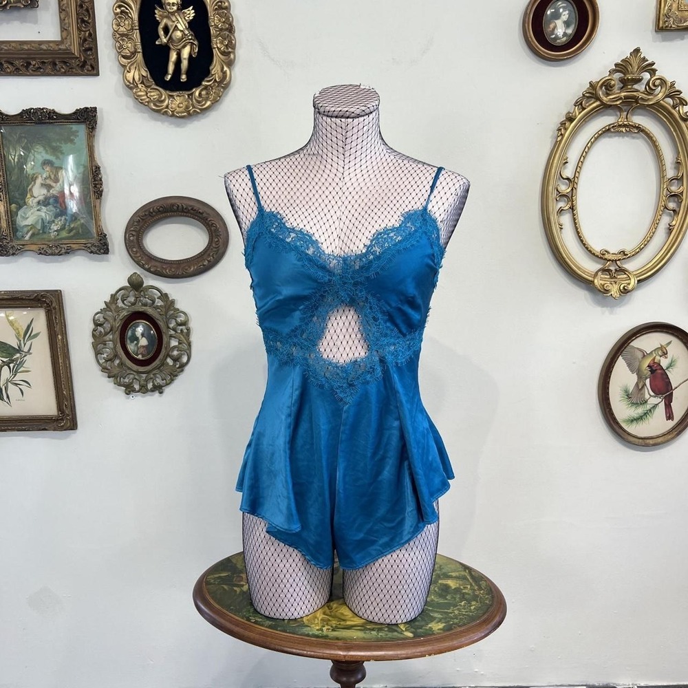 Victoria's Secret Women's S Teal Satin Lace Cut Out Romper Teddy